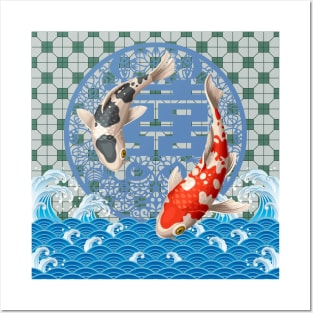 Double Happiness Koi Fish Dancing in the Ocean with Green Tile Floor Pattern Posters and Art